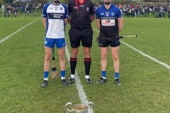 Belgooly's Eoin O'Donovan, Kinsale's Conor McCarthy & Referee Brian Sweeney JAHC Final